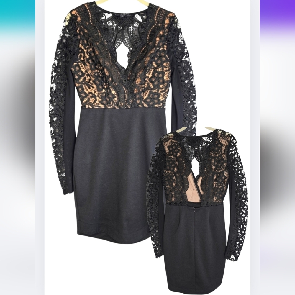 Haute Monde M Black Lace Backless Dress Sheer With Lining Holiday AW-1783